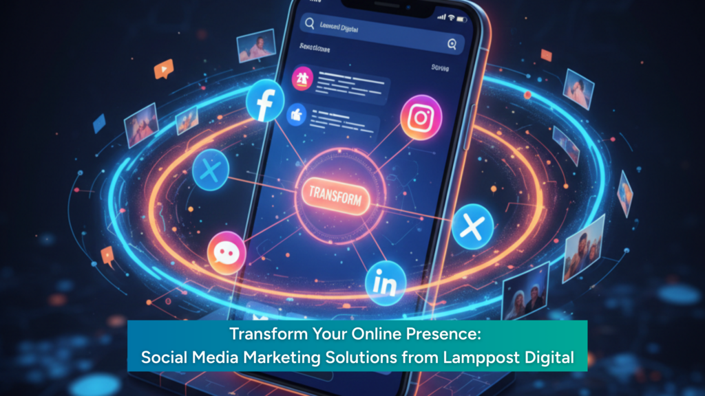 A vibrant landscape-oriented digital graphic featuring a high-end smartphone at the center. The phone's screen displays various social media notification badges, while glowing 3D holographic icons for Facebook, Instagram, LinkedIn, and X (Twitter) orbit around it on a pulsing blue and orange energy ring. Small profile photos of diverse people float in the background. A teal banner at the bottom contains the title text: 'Transform Your Online Presence: Social Media Marketing Solutions from Lamppost Digital.