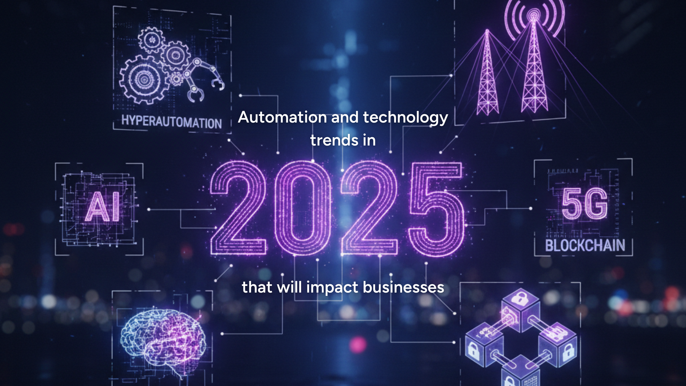 A futuristic digital graphic featuring the year '2025' in large, glowing purple neon numbers. The image includes various technological icons connected by thin white lines, specifically labeled as 'HYPERAUTOMATION,' 'AI,' '5G,' and 'BLOCKCHAIN.' The text 'Automation and technology trends in 2025 that will impact businesses' is centered over a dark, out-of-focus cityscape background.