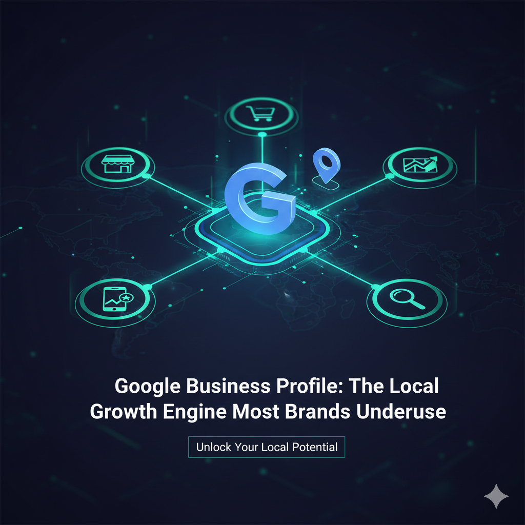 A dark, futuristic graphic centered on a glowing 3D letter 'G' surrounded by interconnected icons representing e-commerce, a storefront, a map pin location, an upward-trending graph, a smartphone, and a search magnifying glass, all overlaid on a world map. The title text reads: "Google Business Profile: The Local Growth Engine Most Brands Underuse."