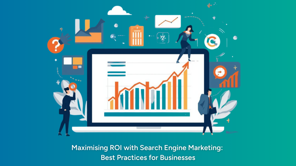 A colorful flat-design illustration featuring a large white laptop screen showing a bar graph with a sharp upward-trending orange arrow. Several small business figures are interacting with floating icons representing search, data, and analytics, while one person walks up the rising trend line. The bottom of the image contains the title text: "Maximising ROI with Search Engine Marketing: Best Practices for Businesses" against a teal and blue gradient background.