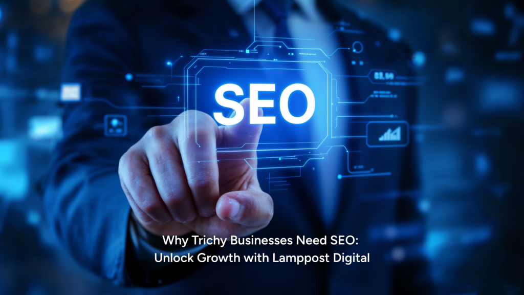 A vibrant, colorful illustration for a blog or article. A large laptop screen in the center shows a bar graph with an orange arrow trending sharply upward. Small stylized business people are depicted interacting with the screen; one person walks up the rising trend line while others look through a magnifying glass or manage floating icons. The title at the bottom reads: "Maximising ROI with Search Engine Marketing: Best Practices for Businesses" on a blue-to-teal gradient background.