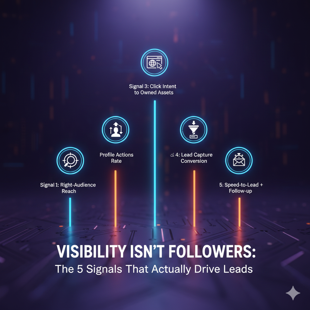 Digital graphic illustrating marketing metrics and lead generation, featuring five illuminated, distinct data points or signals moving toward a central goal icon, with the title "Visibility Isn’t Followers: The 5 Signals That Actually Drive Leads" clearly displayed. The image uses a dark background and bright, connecting lines to emphasize the data flow of Signal 1: Right-Audience Reach, Signal 2: Profile Actions Rate, Signal 3: Click Intent to Owned Assets, Signal 4: Lead Capture Conversion, and Signal 5: Speed-to-Lead + Follow-up.