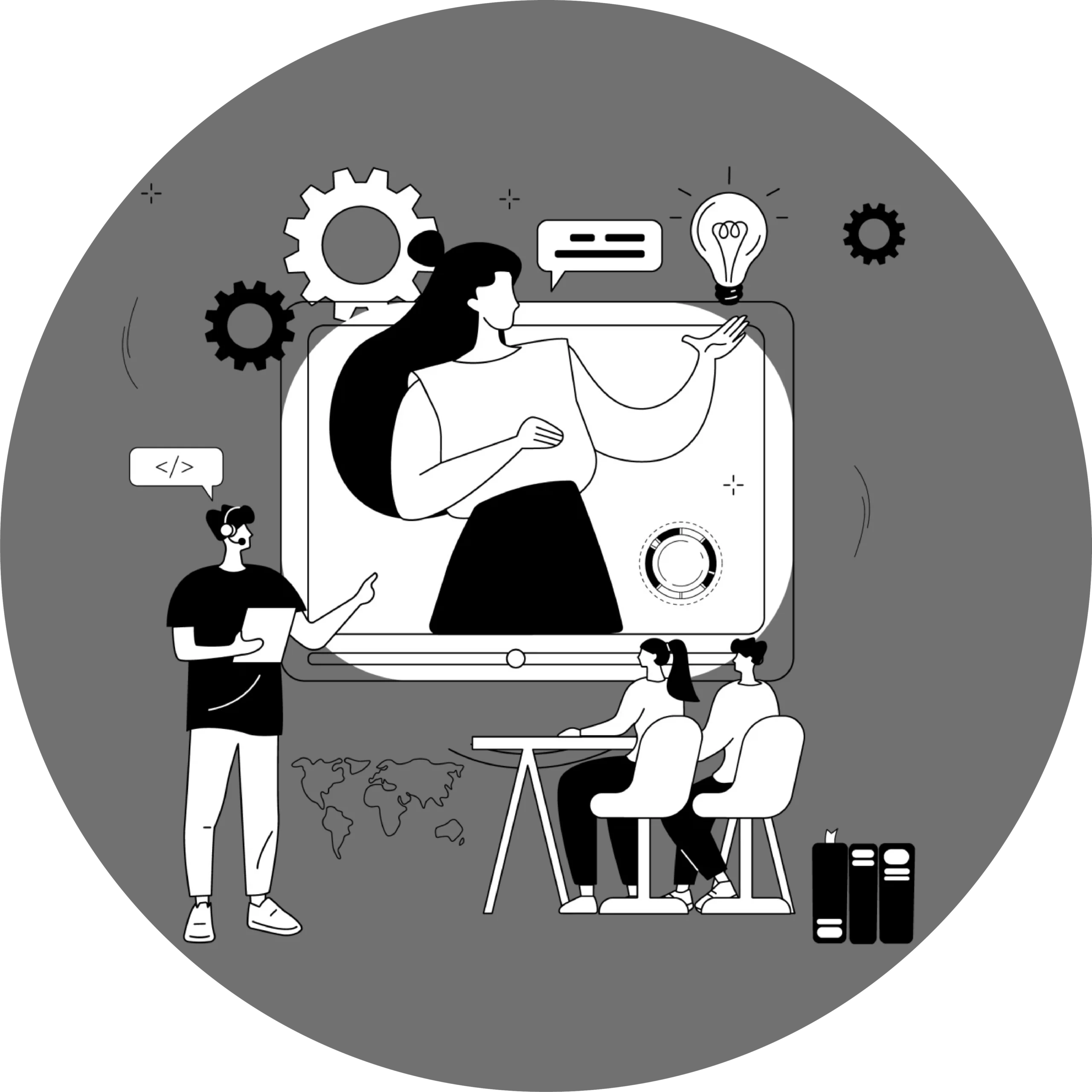 Illustration of a woman presenting digital ideas on a screen while a team collaborates, symbolizing digital strategy, technology, and collaborative growth