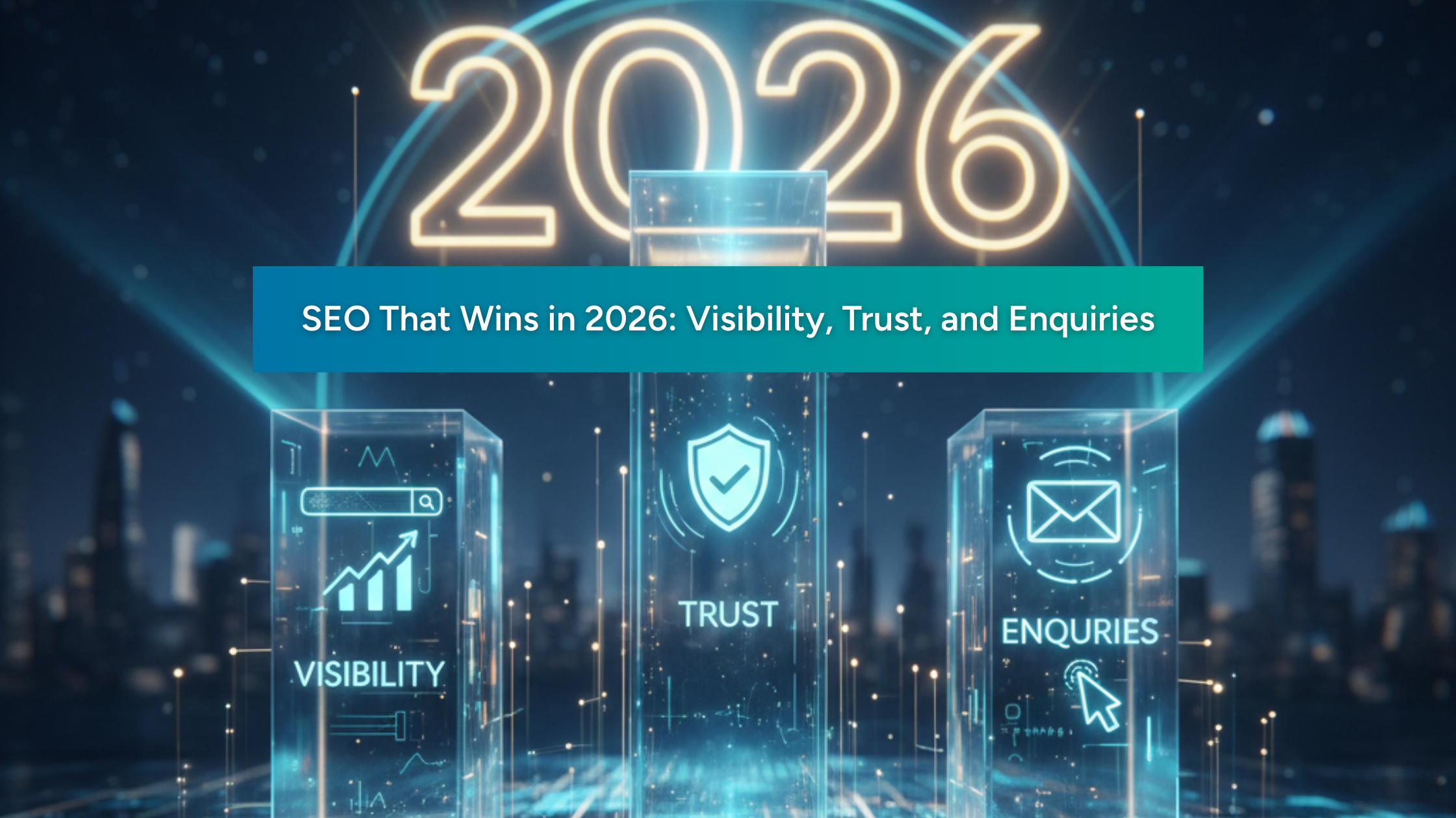 Futuristic digital graphic with glowing ‘2026’ in the background and a banner reading ‘SEO That Wins in 2026: Visibility, Trust, and Enquiries.’ Three transparent illuminated pillars labeled Visibility (with growth chart icon), Trust (with shield icon), and Enquiries (with email and cursor icon) stand against a city skyline at night, representing SEO services Trichy.
