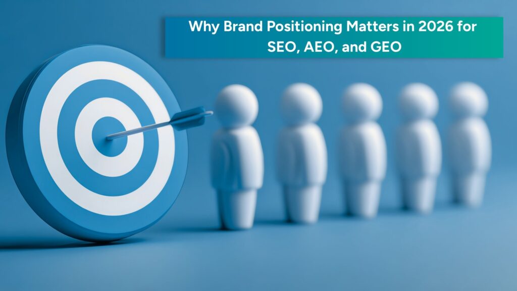 3D-style illustration of a target board with an arrow in the center beside a row of figures, with the title “Why Brand Positioning Matters in 2026 for SEO, AEO, and GEO.”