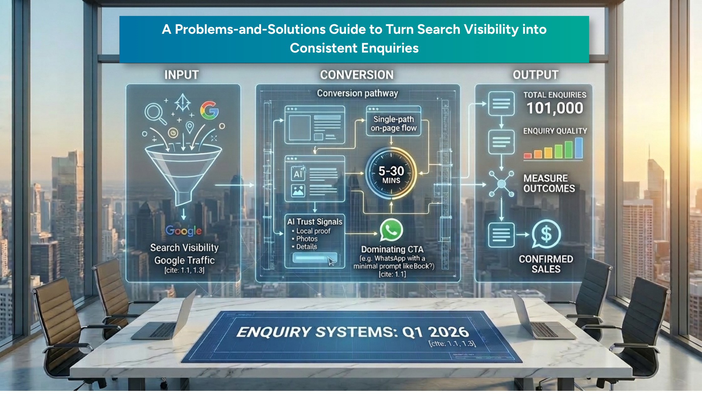 Search visibility to enquiries conversion system showing input traffic, conversion pathway, and enquiry outcomes with CRM and WhatsApp automation
