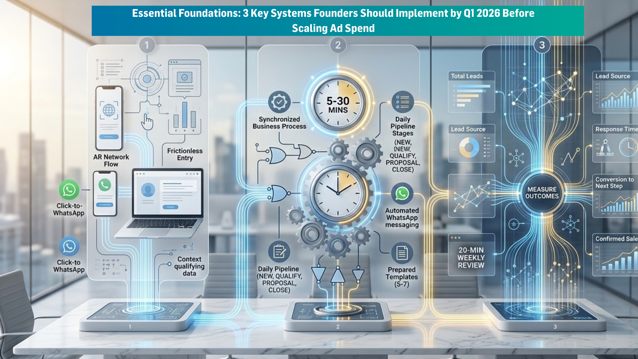 Infographic of a three-step lead generation system showing lead capture, automated follow-up with a 5-30 minute response timer, and a measurement dashboard for business outcomes.