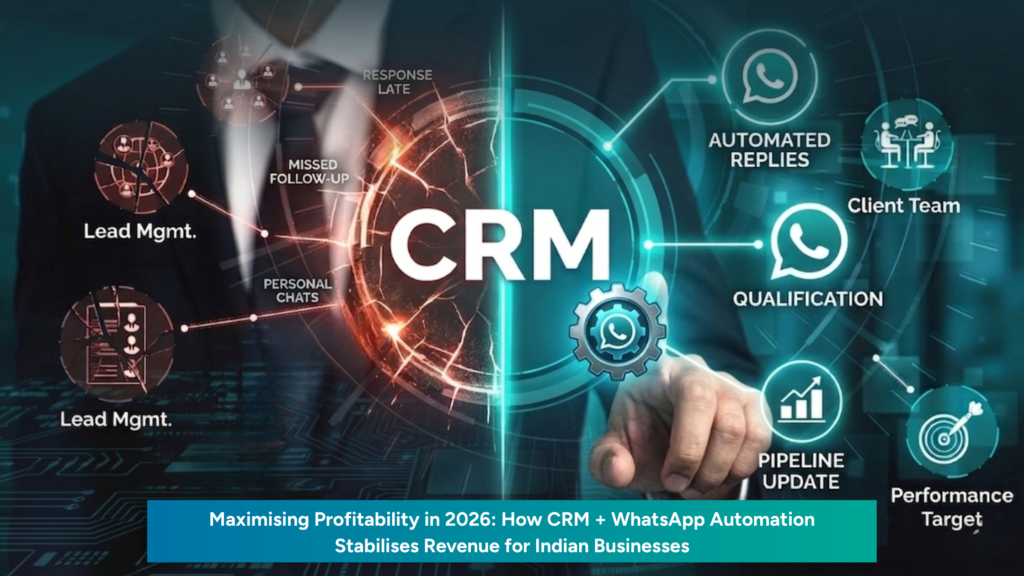 Blog banner showing CRM and WhatsApp automation as a revenue-stabilising system for Indian businesses in 2026, with visuals for automated replies, qualification, pipeline updates, performance targets, and lead management issues like missed follow-up, late response, and personal chats.