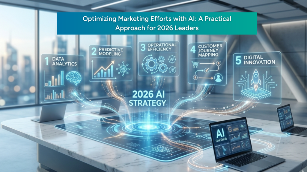 Futuristic digital marketing command center for 2026 showing AI strategy, data analytics, and operational efficiency on a holographic boardroom table.