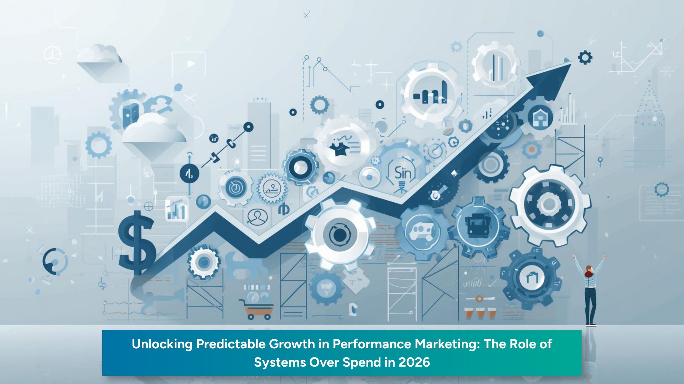 Illustration of business growth showing upward arrow, gears, and analytics elements representing SEO strategy, systems, and increasing enquiries.
