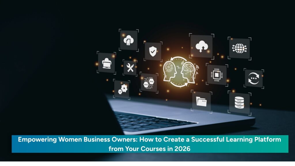 Digital learning platform concept with laptop, cloud icons, automation symbols, and online course system visuals