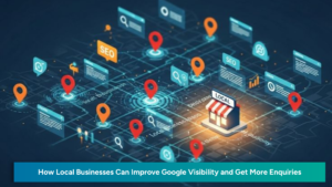 Featured image showing a local business map interface with location pins, SEO elements, and a storefront, representing local business Google visibility and enquiry growth.