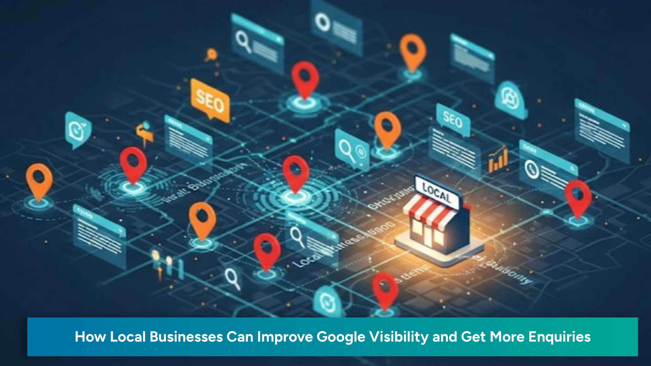 Featured image showing a local business map interface with location pins, SEO elements, and a storefront, representing local business Google visibility and enquiry growth.