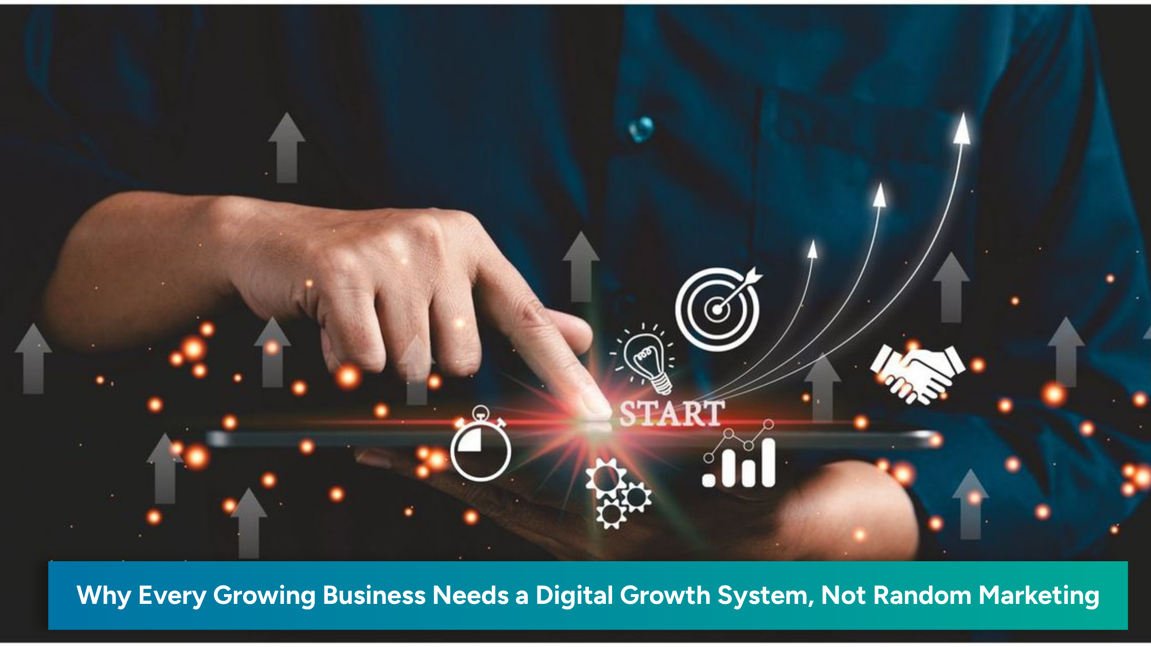 Business growth concept visual showing a person tapping a digital interface with startup, analytics, target, and partnership icons representing strategy, automation, and scalable digital growth systems for businesses.