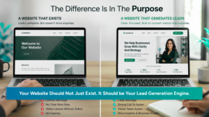 Comparison graphic showing the difference between a basic website that only exists and a lead generation website built with clarity, trust, strong CTAs, and visitor-focused design.