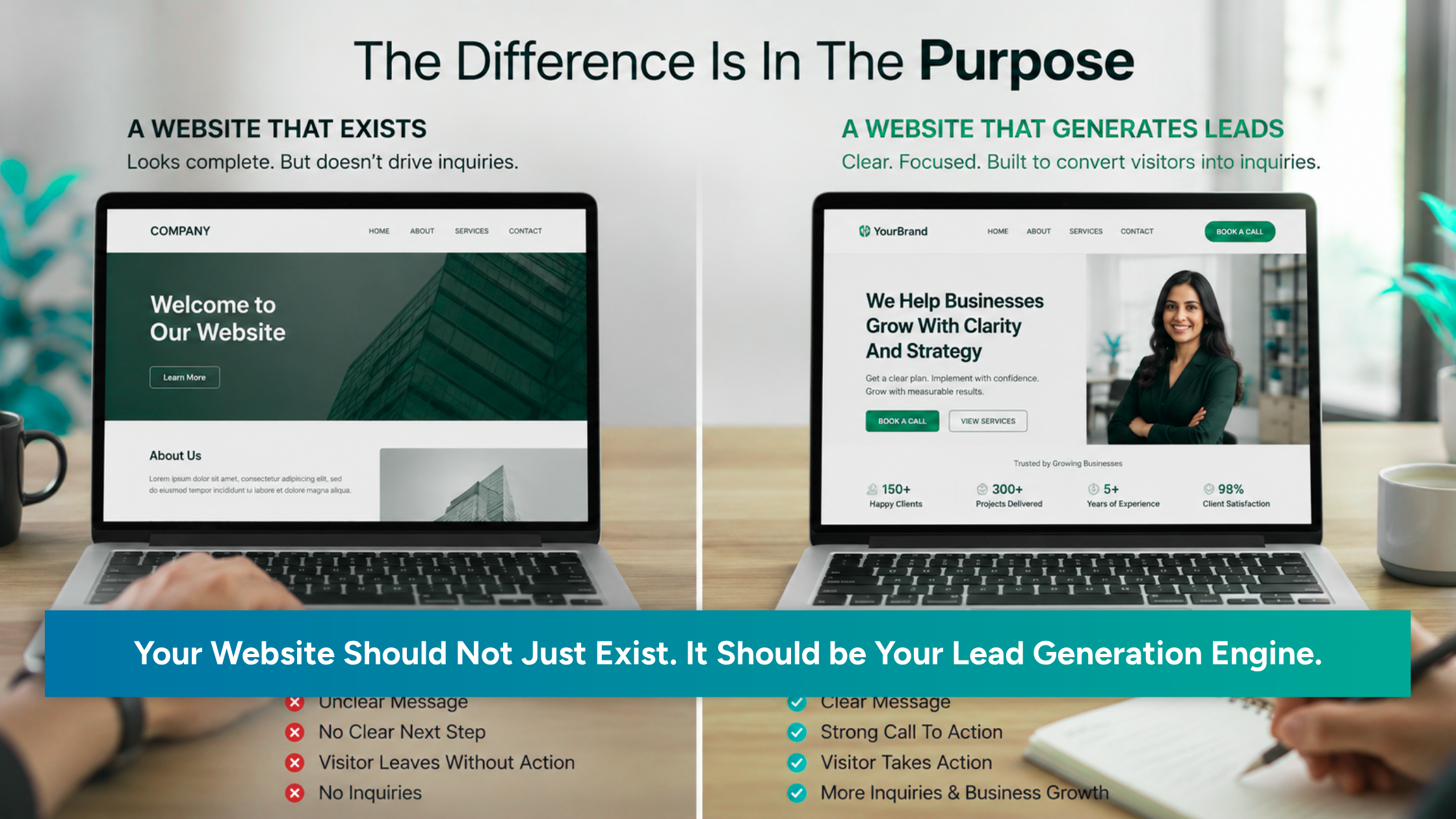 Comparison graphic showing the difference between a basic website that only exists and a lead generation website built with clarity, trust, strong CTAs, and visitor-focused design.