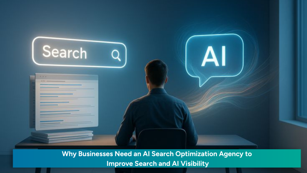 Featured blog image showing a person seated between a traditional search interface and an AI response interface, representing the shift from search visibility to AI-driven discovery.