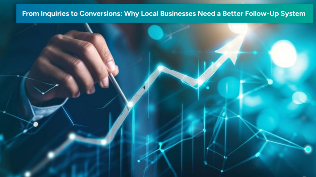 A business growth chart with an upward arrow, representing inquiry conversion, follow-up systems, automation, and structured digital growth for local businesses.