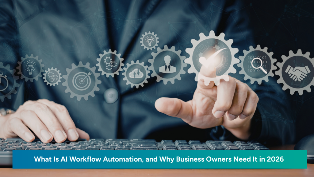 Featured image showing a business professional using digital gear icons on a screen, representing AI workflow automation, business process automation, and smarter workflow management in 2026.