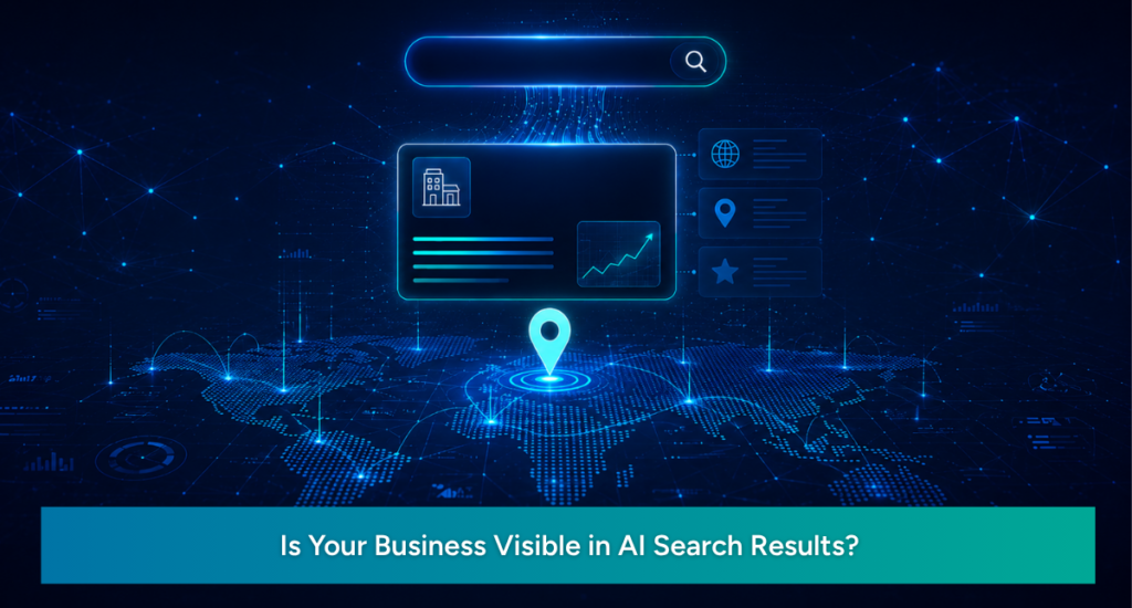 Digital world map with AI search interface showing a business location pin, search bar, and result card — illustrating AI search visibility for businesses