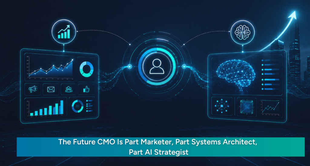 Marketing analytics dashboard connected to AI brain network and automated workflow, representing the future CMO role
