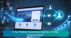 Website enquiry generation concept showing a laptop, customer icons, messages, emails, and a growth chart.