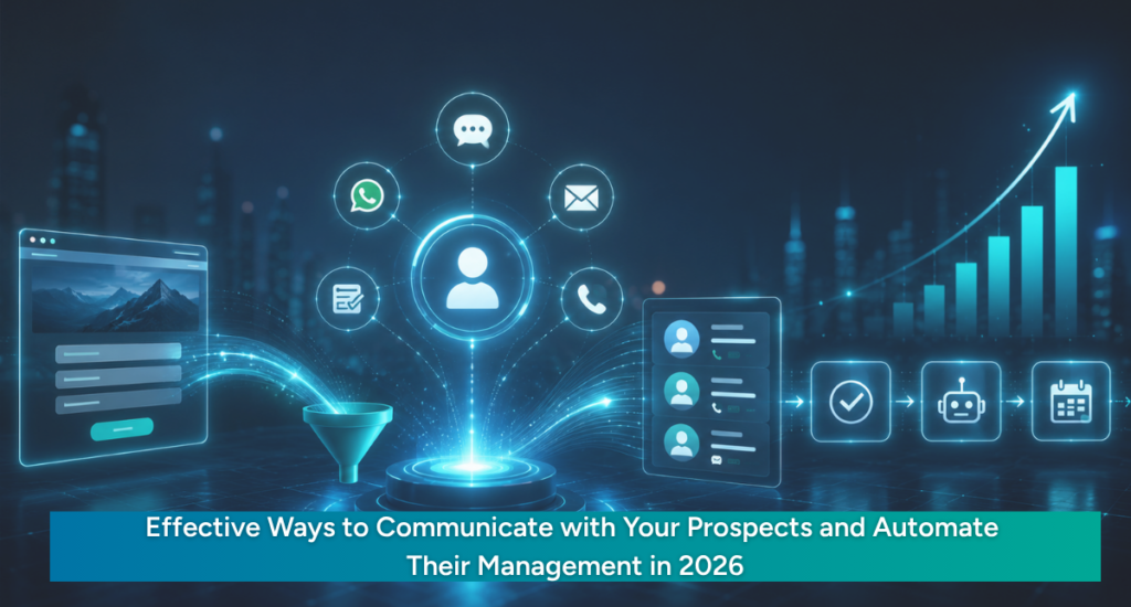 Blog cover showing a futuristic lead communication and automation system with website enquiry forms, WhatsApp, email, CRM contacts, follow-up workflow, and business growth chart.