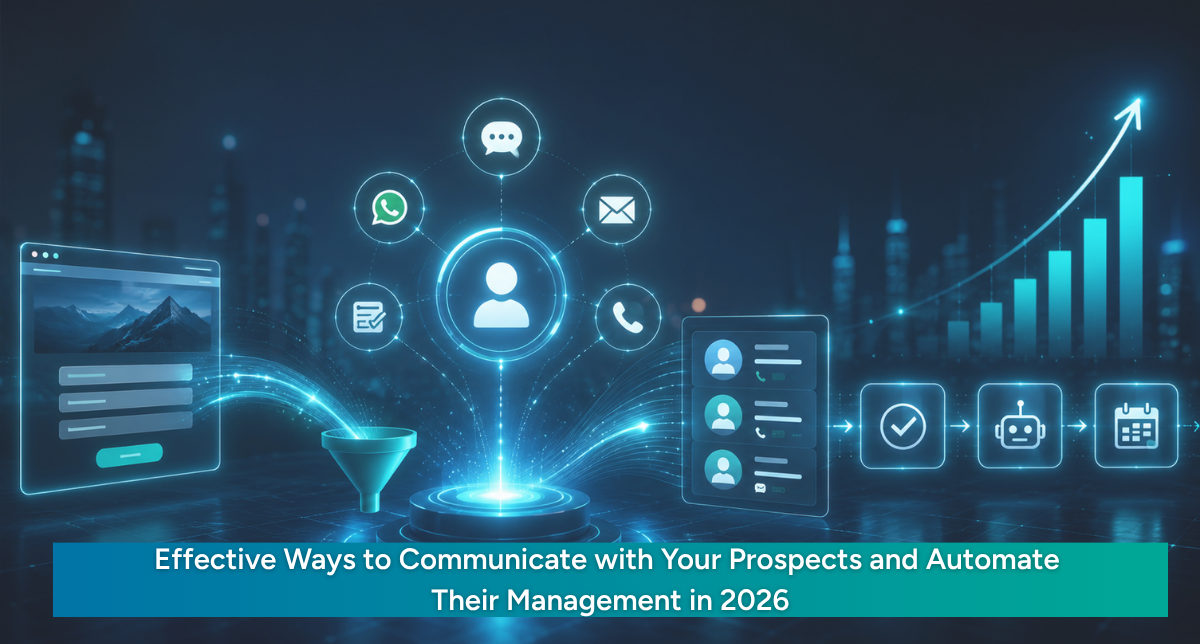Blog cover showing a futuristic lead communication and automation system with website enquiry forms, WhatsApp, email, CRM contacts, follow-up workflow, and business growth chart.