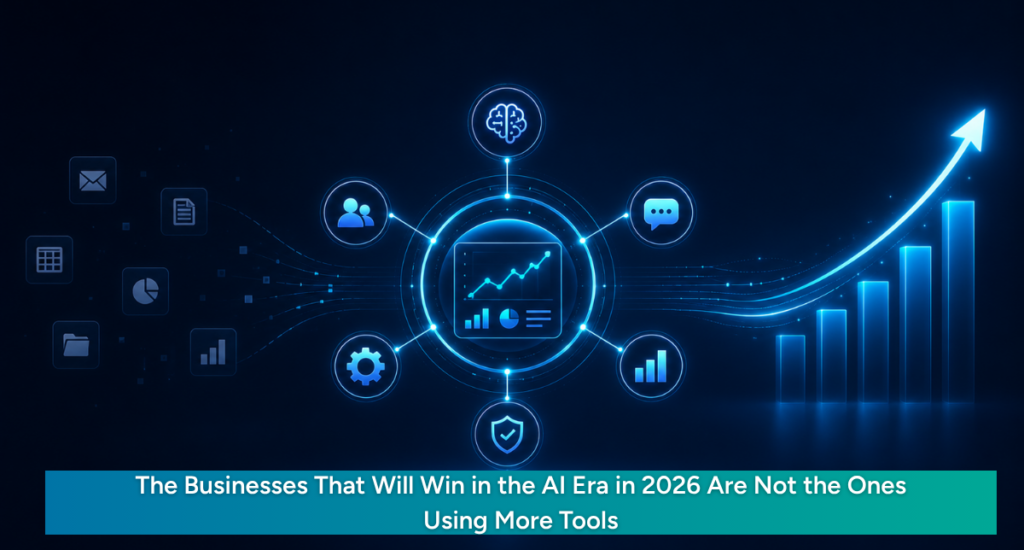 Blog cover showing scattered AI tool icons connecting into one structured digital growth system with automation, analytics, and an upward business growth graph.