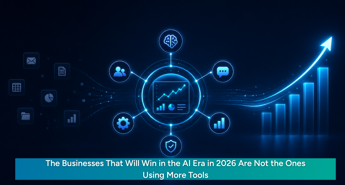 Blog cover showing scattered AI tool icons connecting into one structured digital growth system with automation, analytics, and an upward business growth graph.