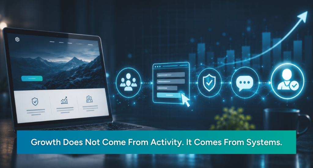 Founder reviewing a structured digital growth system connecting content, website, enquiries, follow-up, conversion, and retention.