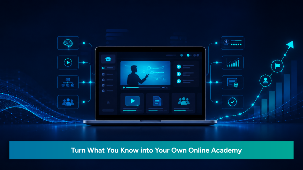 Online academy platform connecting course content, learners, assessments and growth systems