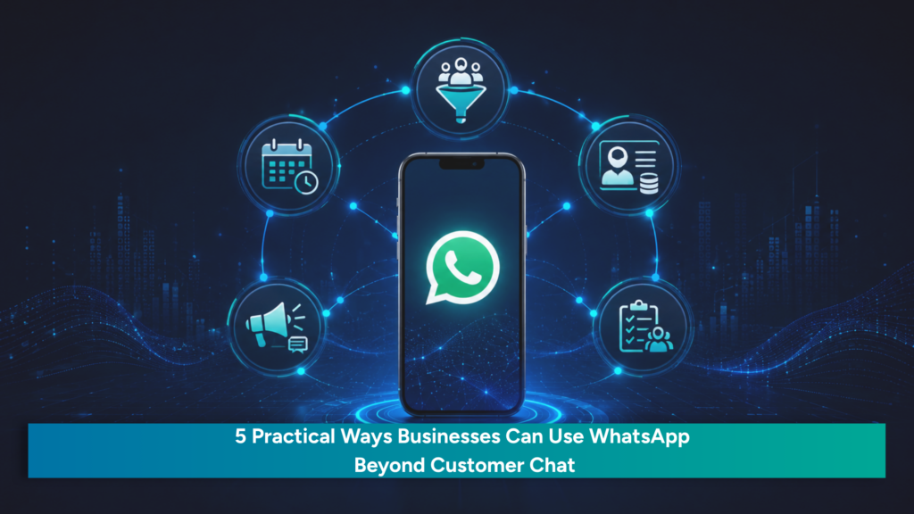 Illustration of WhatsApp automation supporting lead capture, appointment booking, customer support, team updates and CRM integration.