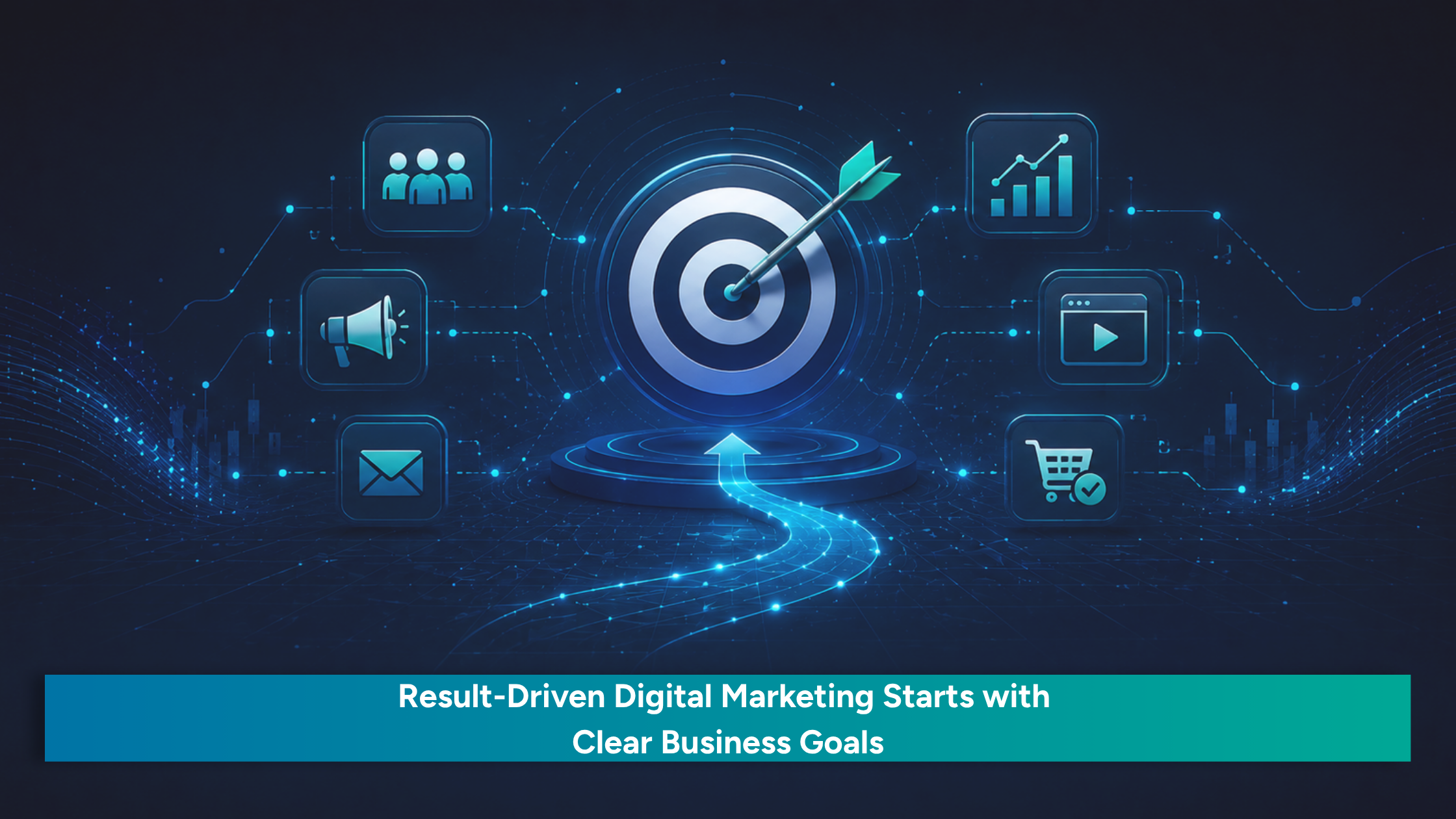 Digital marketing strategy illustration showing a dartboard target hit by an arrow, surrounded by icons for audience, ads, email, analytics, video, and e-commerce, symbolizing goal-driven marketing growth