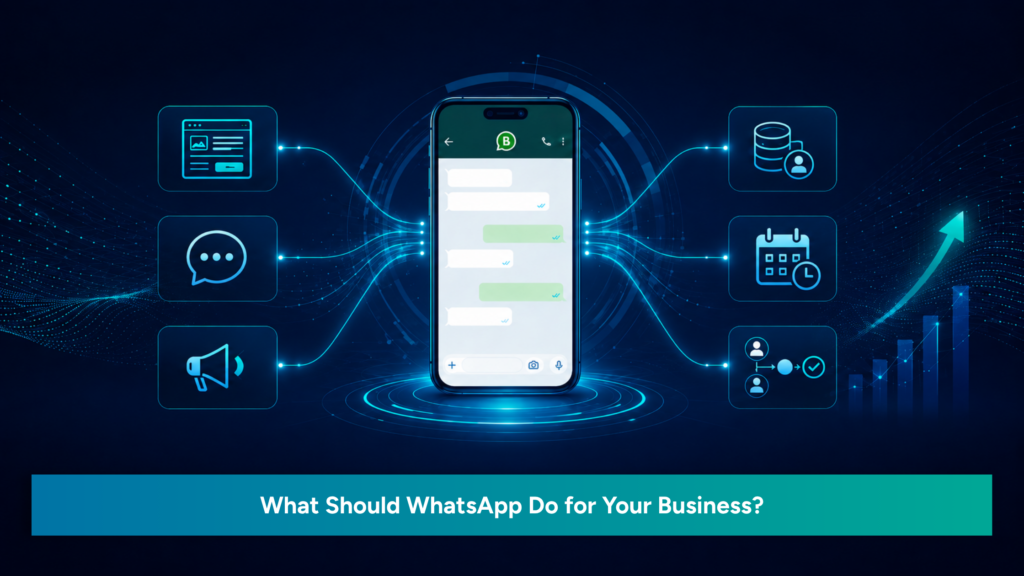 WhatsApp Business workflow connecting website enquiries, CRM records, follow-up reminders, team assignment, and business growth.